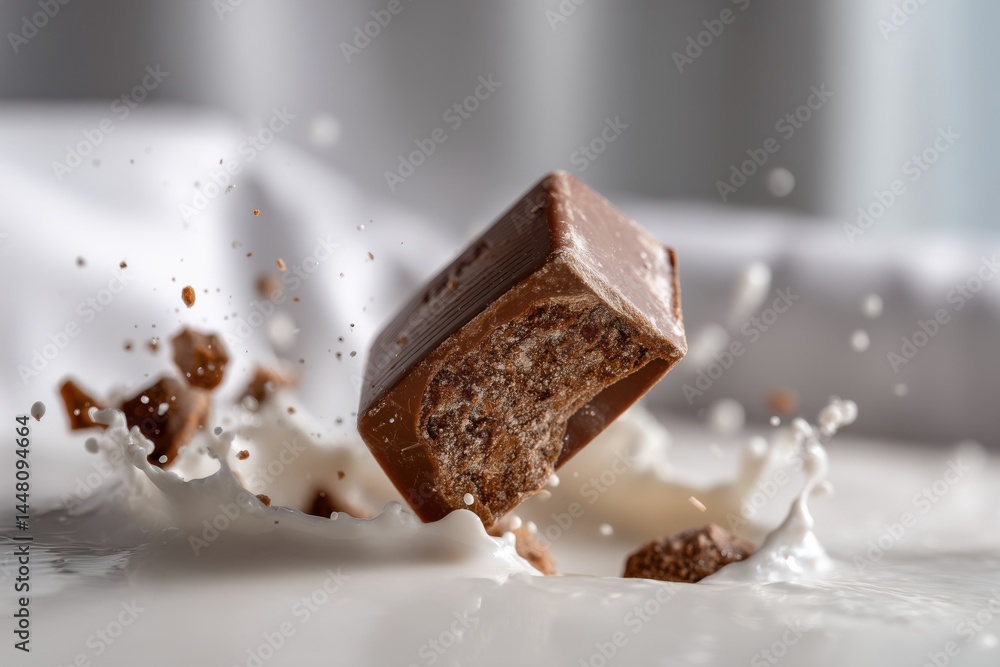 Poster a close-up shot of a piece of milk chocolate splashing into fresh milk, creating dynamic splashes wi