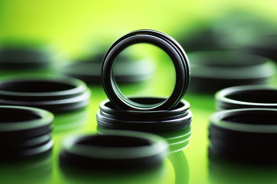 Curated emphasis on black rubber o rings against a green backdrop