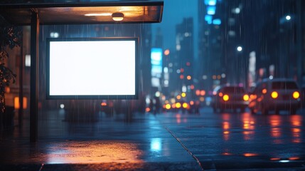 A rainy night city street with glowing lights, wet pavement, blurred cars, and an empty, illuminated billboard at a bus stop.