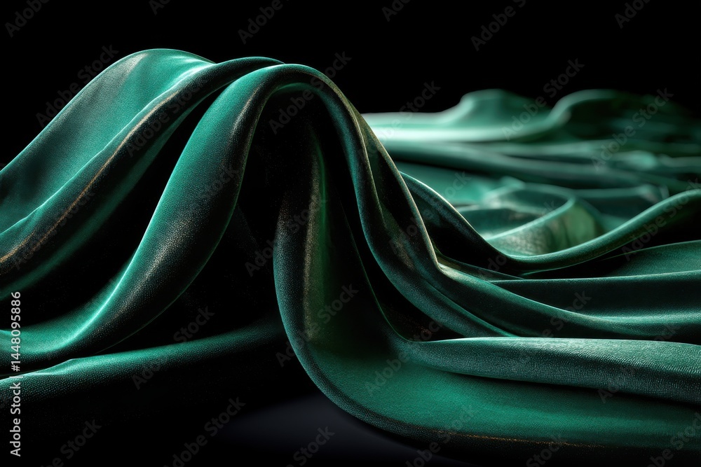 Poster elegant folds of emerald green velvet fabric cascade gracefully across a dark surface, creating a lu