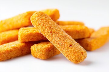 Fish sticks against a white backdrop Close up of frozen fish sticks