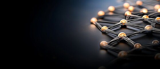 Molecular network with glowing nodes and dark lines connecting them on a gradient black surface