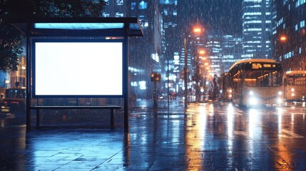 A city bus stop with a blank billboard glows at night under heavy rain, with buses and bright skyscrapers in the background.