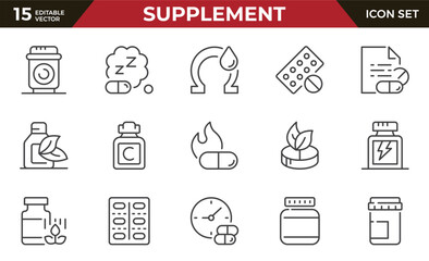 Dietary supplement and food additive line icon set. Vitamin, capsule, pill, antioxidant, omega, probiotic, fiber, protein. Natural, herbal, dry, energy supplement.Outline icon.Pictogram,infographic.