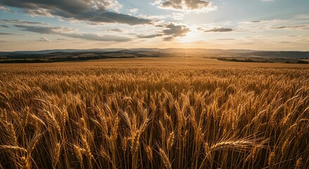 Obraz premium Golden Wheat Field at Sunset Peaceful Rural Landscape