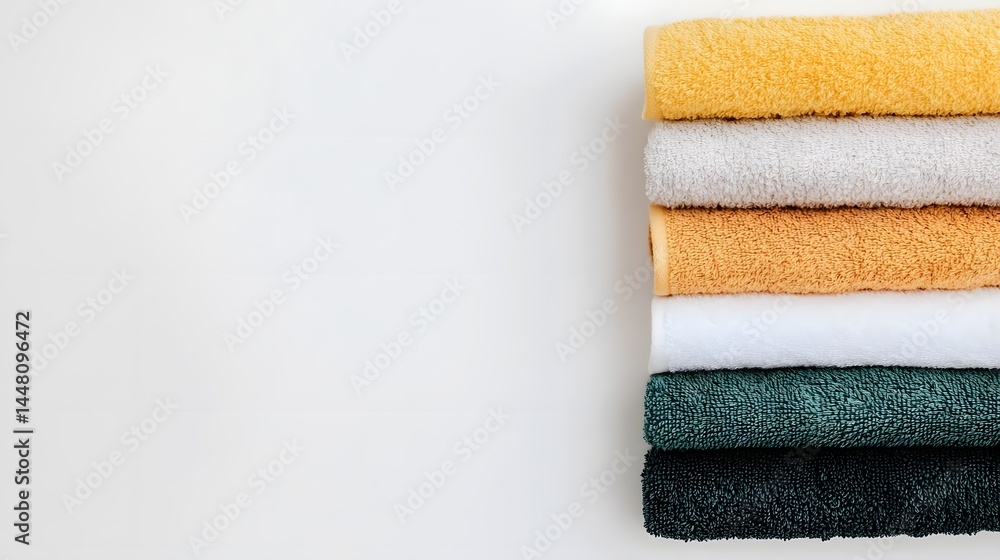 Poster neatly stacked colorful towels on a clean white background
