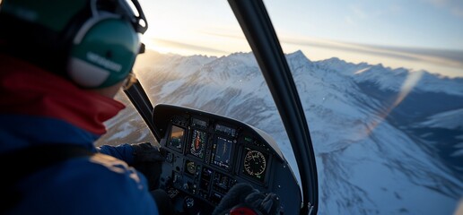 Helicopter Pilot Flying Over Snow-Capped Mountains at Sunrise for Adventure