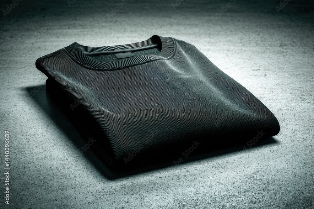 Poster a folded dark grey sweater lying on a textured grey surface, highlighting the details of the fabric 