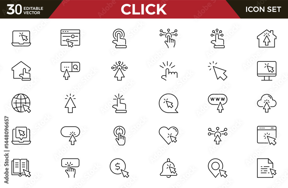 Fototapete click outline icon set. cursor, finger, hand, mouse, pointer and more. outline vector icon in linear