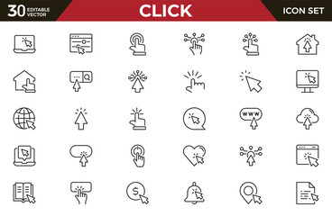 Click outline icon set. Cursor, finger, hand, mouse, pointer and more. Outline vector icon in linear style. Conceptual pictogram collection.
