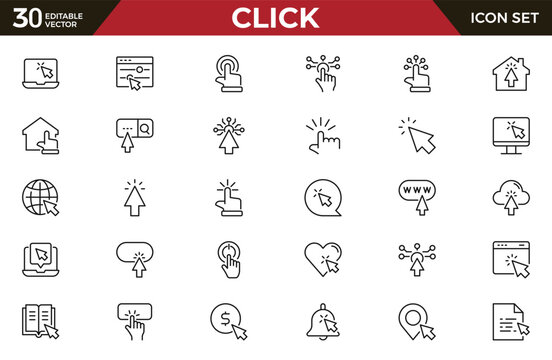 Click outline icon set. Cursor, finger, hand, mouse, pointer and more. Outline vector icon in linear style. Conceptual pictogram collection.