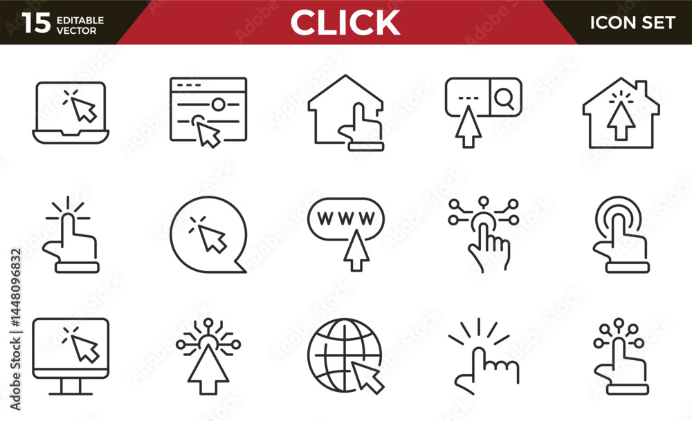 Poster click outline icon set. cursor, finger, hand, mouse, pointer and more. outline vector icon in linear
