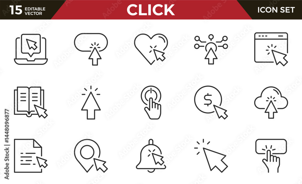 Poster click outline icon set. cursor, finger, hand, mouse, pointer and more. outline vector icon in linear