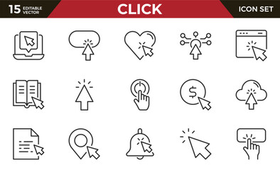 Click outline icon set. Cursor, finger, hand, mouse, pointer and more. Outline vector icon in linear style. Conceptual pictogram collection.