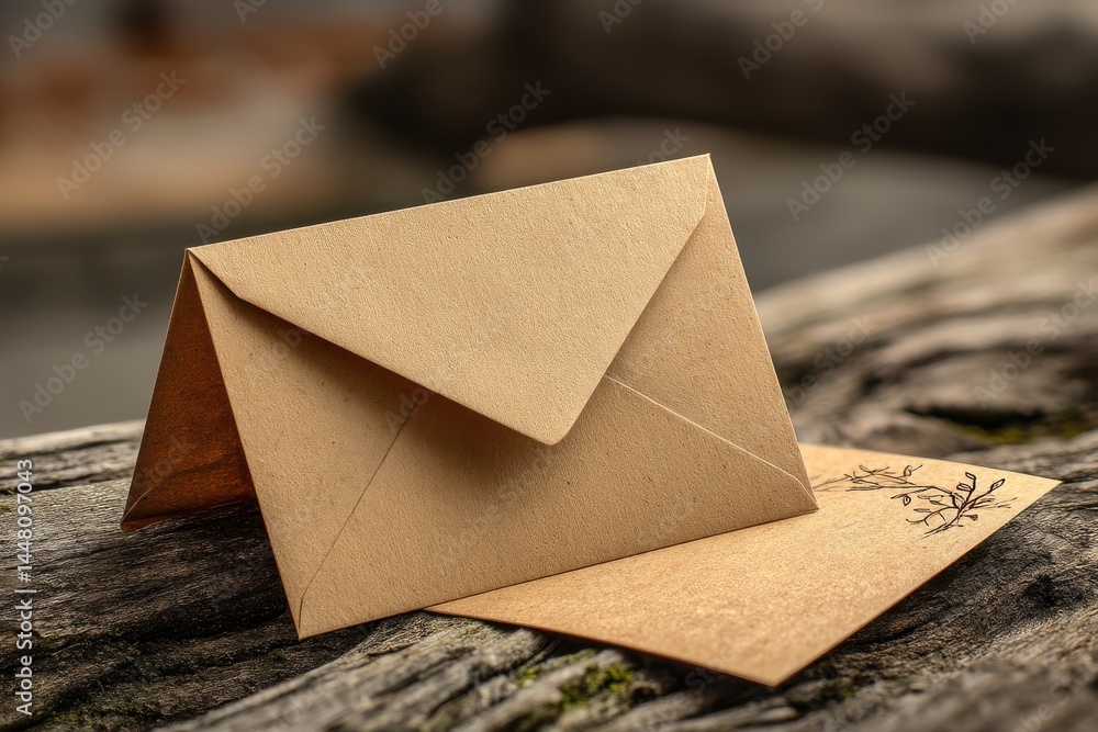 Poster rustic kraft paper envelope resting on a wooden surface with soft blurred background, inviting a tou