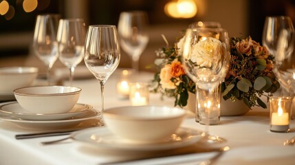 Fototapeta premium Elegant dinner table setting with candles and floral centerpiece