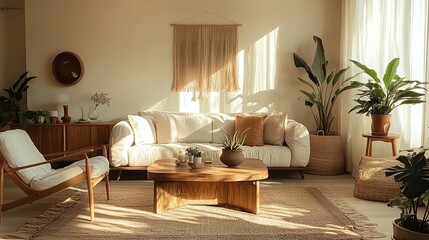 A cozy living room with a white sofa, wooden furniture, potted plants, and natural light.