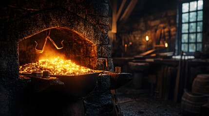 The Smithy's Hearth: A fiery hearth glows within a dimly lit smithy, revealing a forge ready for crafting with tools, revealing the heart of the workshop. 