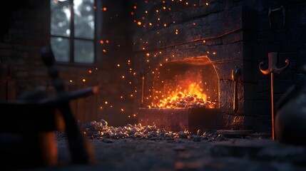 Burning Forge: A fiery forge is depicted inside the brick house with interior elements, illuminated with sparks of fire, symbolizing the essence of craftsmanship and industry.