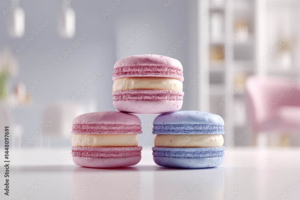 Poster close-up of a stack of colorful macarons on a white table, against a blurred background featuring a 
