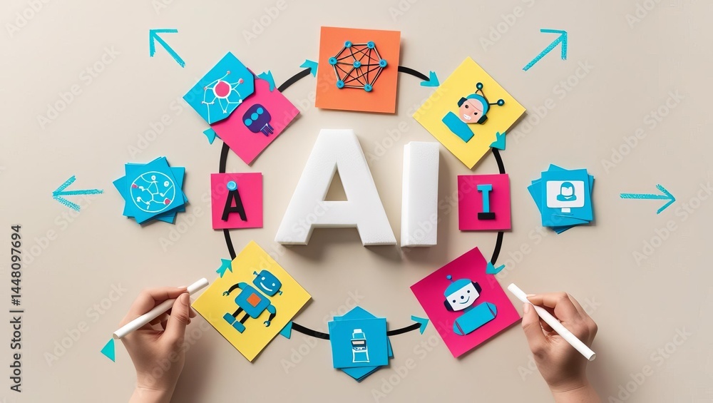 Poster creative ai technology concept with digital icons interconnected around a central ai text symbol rep