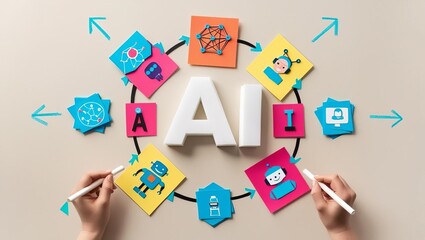 Creative AI technology concept with digital icons interconnected around a central AI text symbol representing artificial ligence innovation and digital transformation
