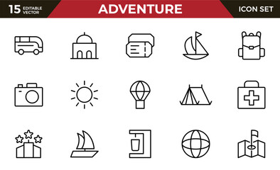 Adventure Icon Set. An exciting collection of icons that captures the spirit of exploration, perfect for travel apps, outdoor websites, and promotional materials for adventure and thrill-seeking.