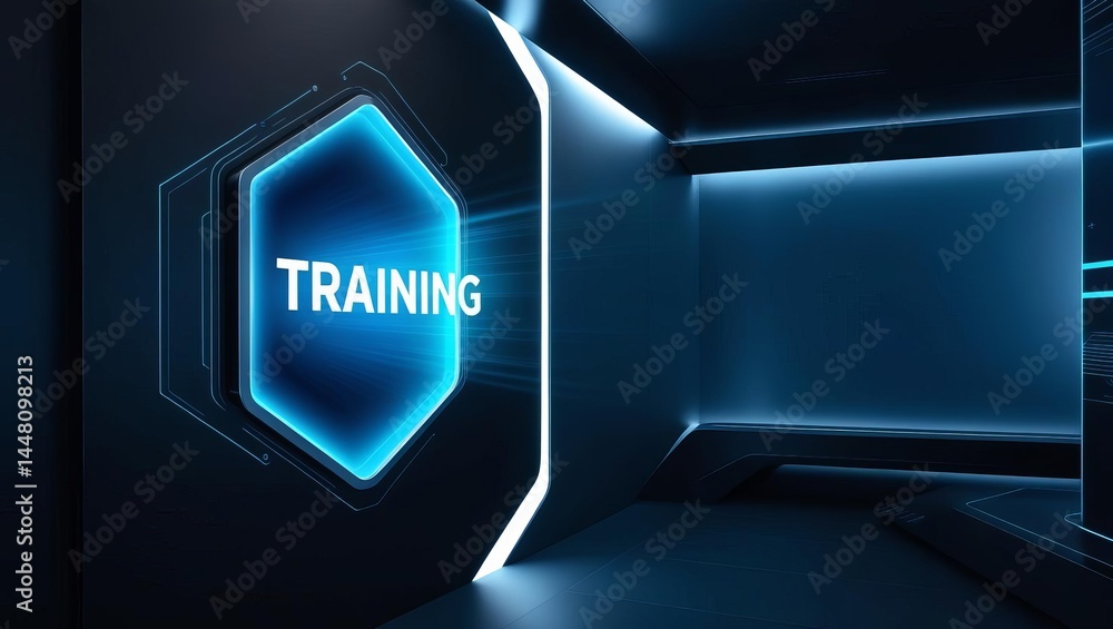 Poster future oriented training room featu a glowing training sign on a high-tech wall in a modern digital 