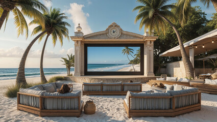 Obraz premium Luxurious outdoor cinema experience on a beach with comfortable seating and palm trees
