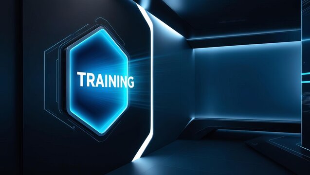 Future oriented training room featu a glowing training sign on a high-tech wall in a modern digital environment for professional development and skill enhancement
