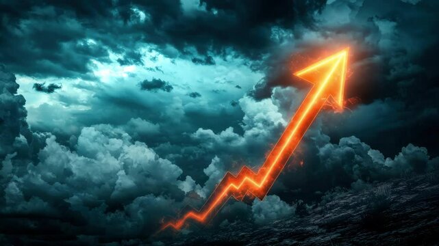 Rising glowing arrow in stormy sky with clouds symbolizes growth and success