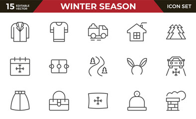 Winter season outline icon set. Containing Spring, Hail, Humidity, Fall, Fog, Winter, Snow, Wind, Rainy, and Seasons icons.