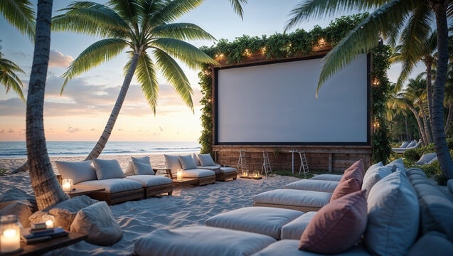Luxurious outdoor cinema experience on a beautiful sandy beach at sunset