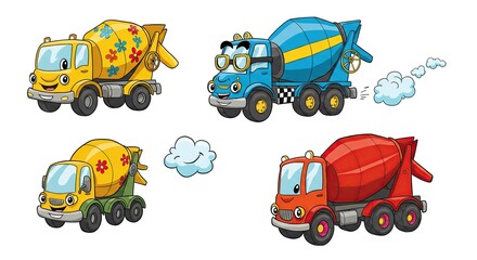 Cute Cartoon Cement Mixer Trucks Colorful Illustration