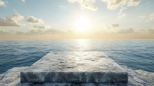 Weathered stone podium on a calm ocean shore kissed by the sun with free text space