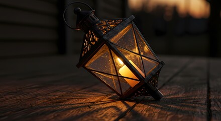 Lantern on Wood Surface with Candle