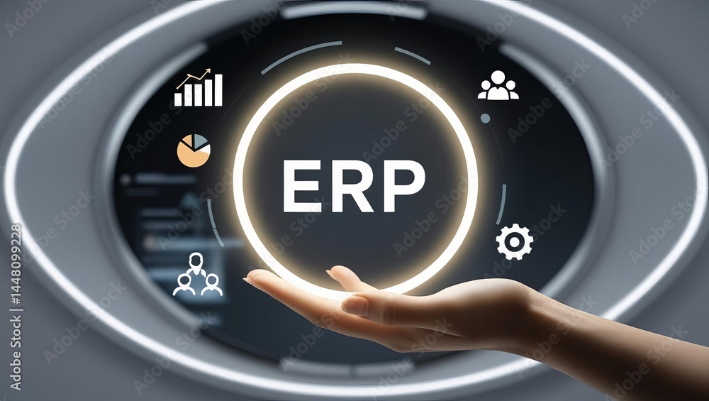 Aufkleber modern hand holding illuminated erp icon with digital interface elements representing enterprise res