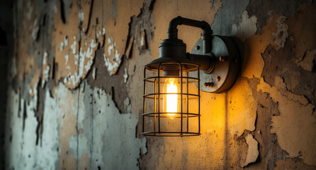 Lit outdoor wall sconce with a cage design mounted on a weathered wall with peeling paint. Warm light illuminates the scene.