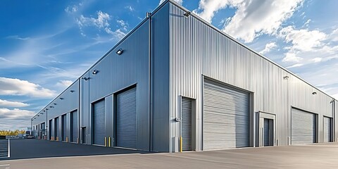 Fototapeta premium A large industrial warehouse with metal exterior, roll-up doors, windows, and clear sky.