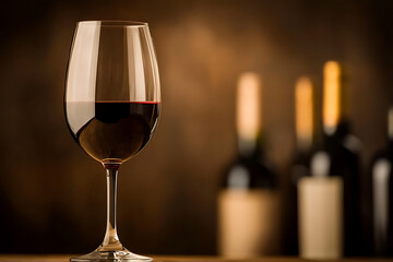 Elegant wine glass filled with dark red liquid, bottles blurred in the background. A timeless image for culinary elegance and sophisticated taste.