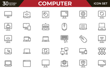 Computer and laptop line icon set. Network, setup, media connection and components. Outline vector icon in linear style. Conceptual pictogram collection.