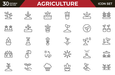 Agriculture and farming line icon set. Vector plant sprouts and seedlings, root vegetables and seeds in seedbeds, greenhouses, and farm fields isolated signs with water, sun, and fertilizer