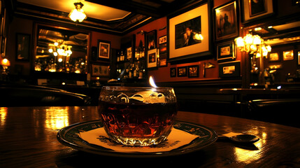 Warm drink in a cozy bar with antique decor and portraits on the walls, perfect for a relaxing evening
