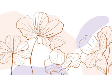 Wild Flowers line art background vector. Luxury abstract art background with artificial flowers, Gold leaves, eucalyptus, trending hydrangea and summer blooms. Botanical wedding wallpaper