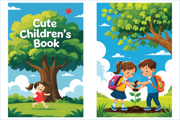 Obraz premium Children Planting Tree In Nature Illustration Cute Girl Running Illustration