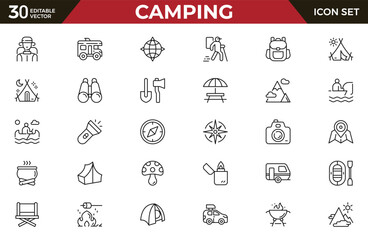 Camping outline icon set. hike, tourism, camp and travel - series. Set of line icons in linear style. Outline icon collection. Conceptual web pictogram.