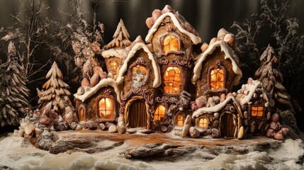 Obraz premium Fairytale-inspired gingerbread house with sugar crystal windows, licorice walls, and marshmallow accents