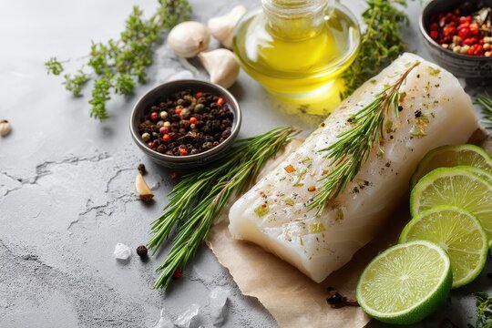 Fresh cod loin fillet with herbs spices lime and olive oil on gray background Healthy eating concept Banner