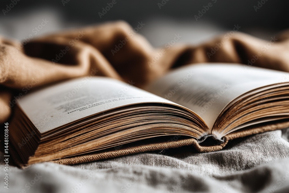 Poster an open book on a textured gray linen surface with a brown fabric backdrop, displaying a warm, invit
