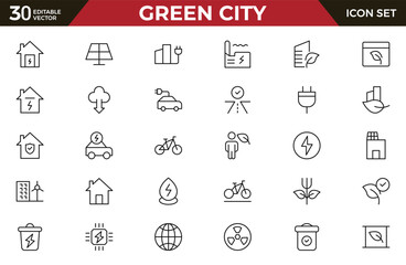 Green city Line icon set. Sustainable development. Contains such icons as renewable energy, autonomous building, air and water quality.